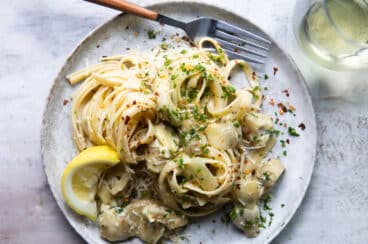 A plate of artichoke pasta.
