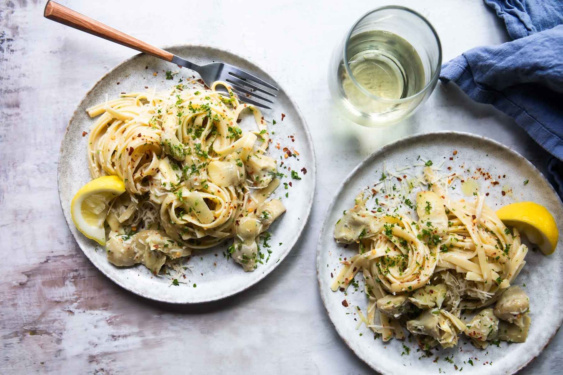 A plate full of artichoke pasta.