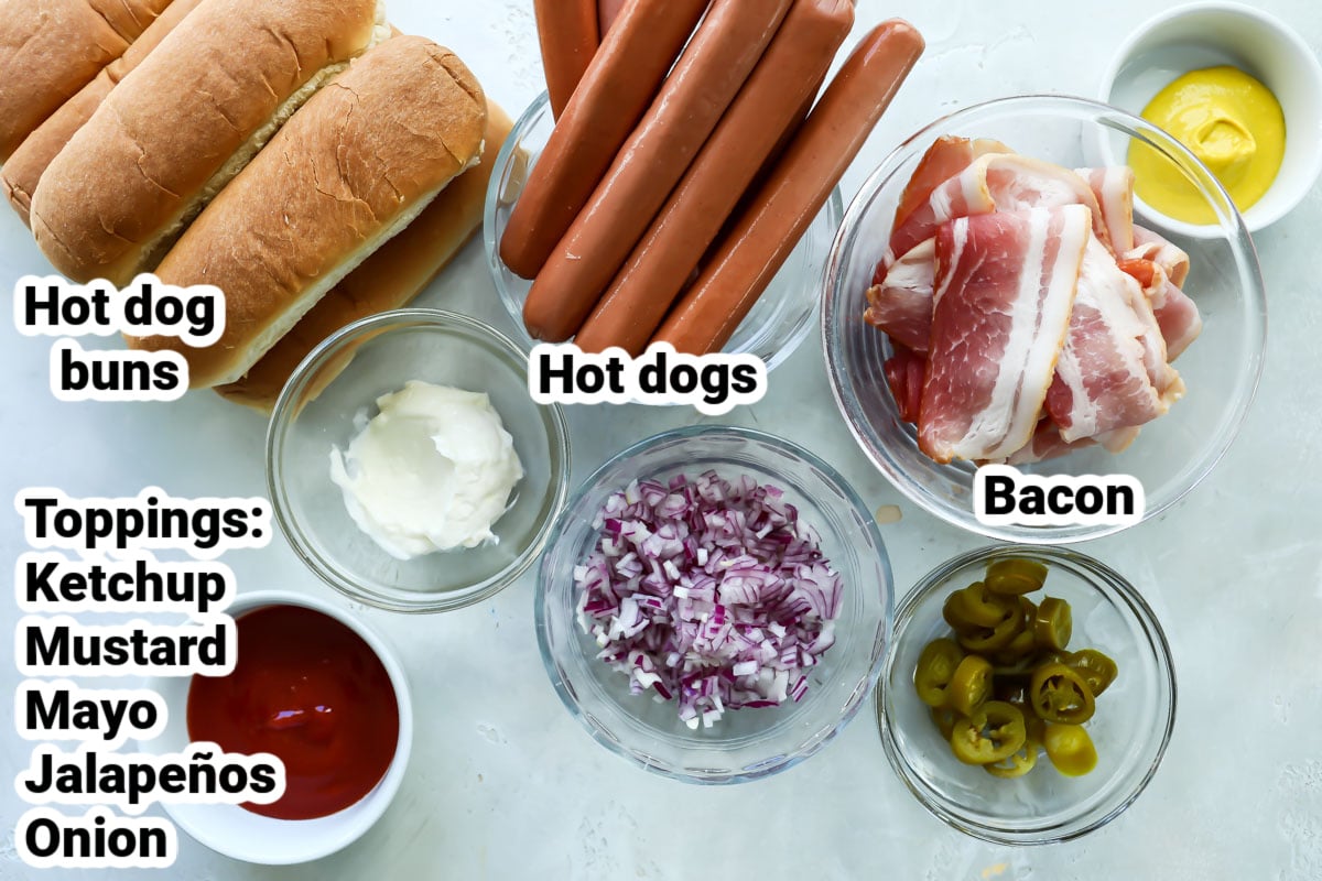 Labeled ingredients for bacon wrapped hot dogs.