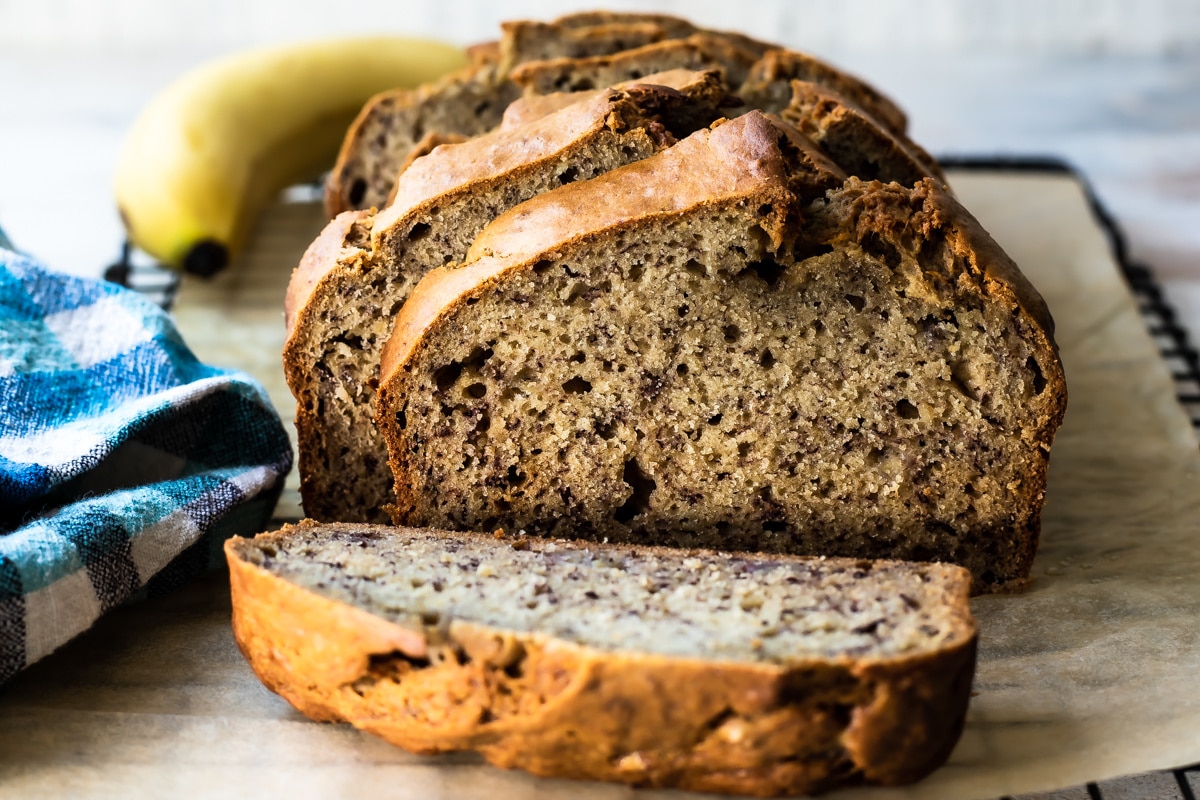 Banana bread slices on a piece of parchment paper.
