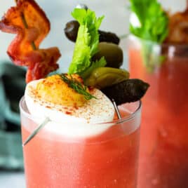 Two bloody mary cocktails.