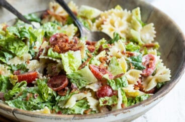 A bowl of BLT Pasta salad.