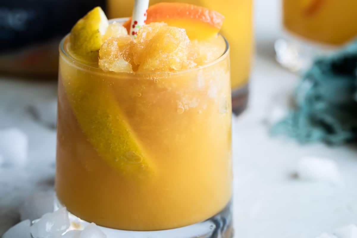 A glass filled with brandy slush.