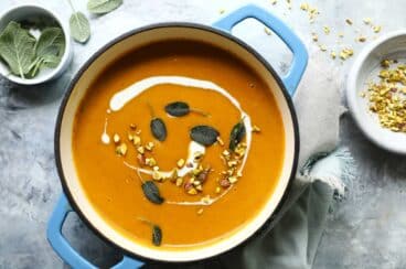 Butternut squash soup in a Dutch oven.