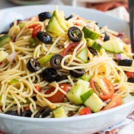 A bowl with California pasta salad.