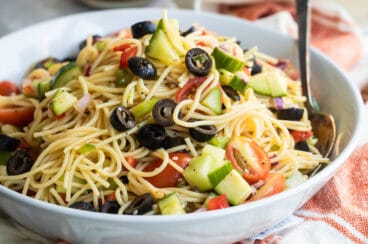 A bowl with California pasta salad.