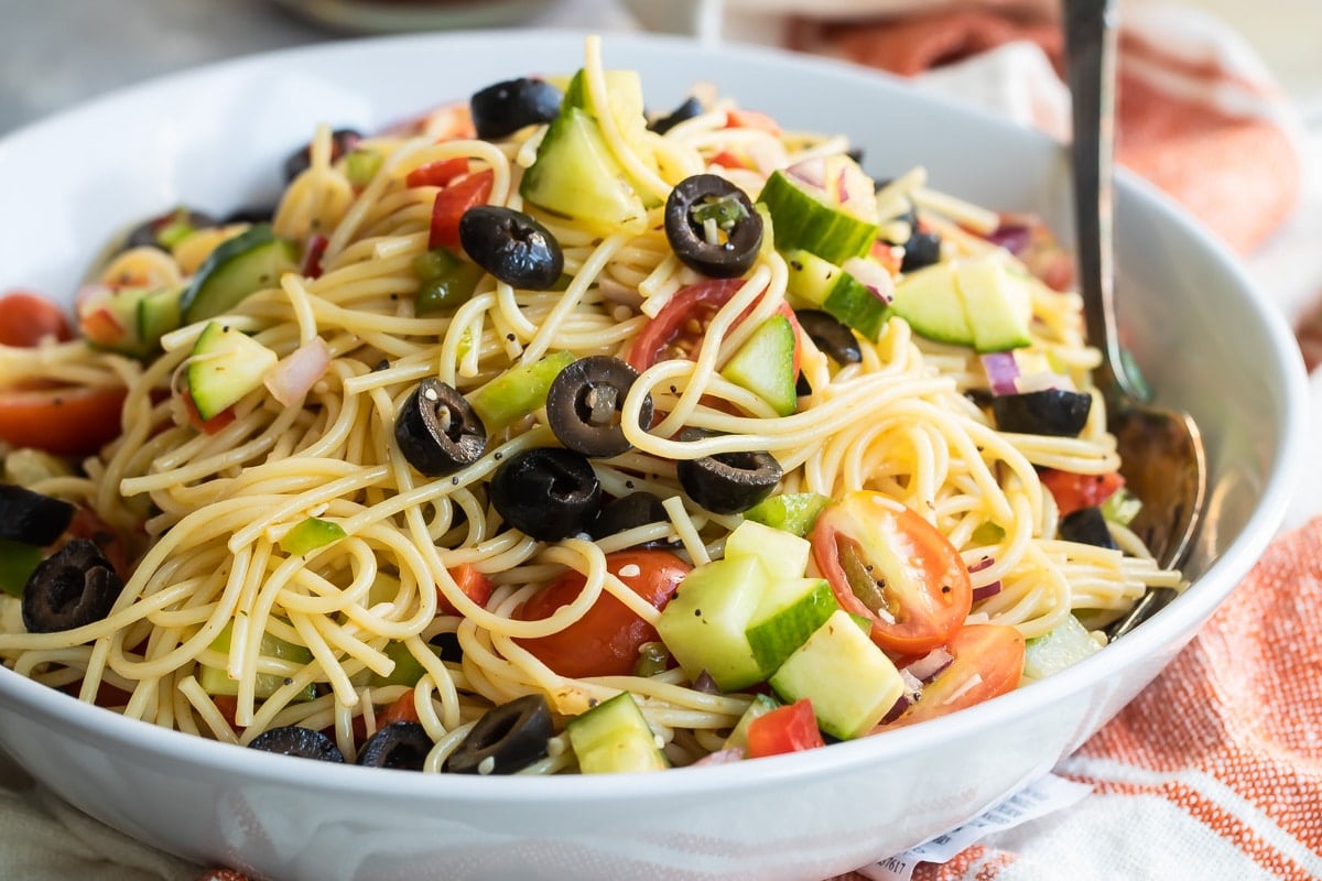 A bowl with California pasta salad.