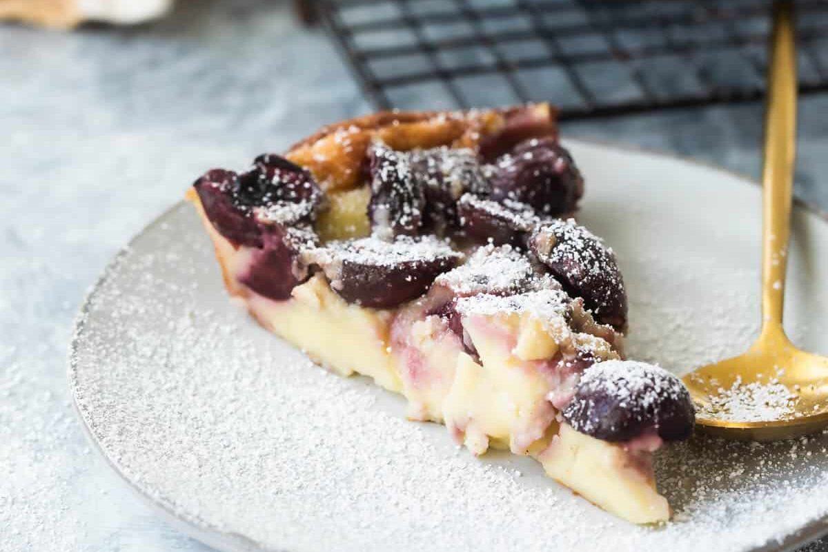 Slices of Cherry Clafoutis on a plate.