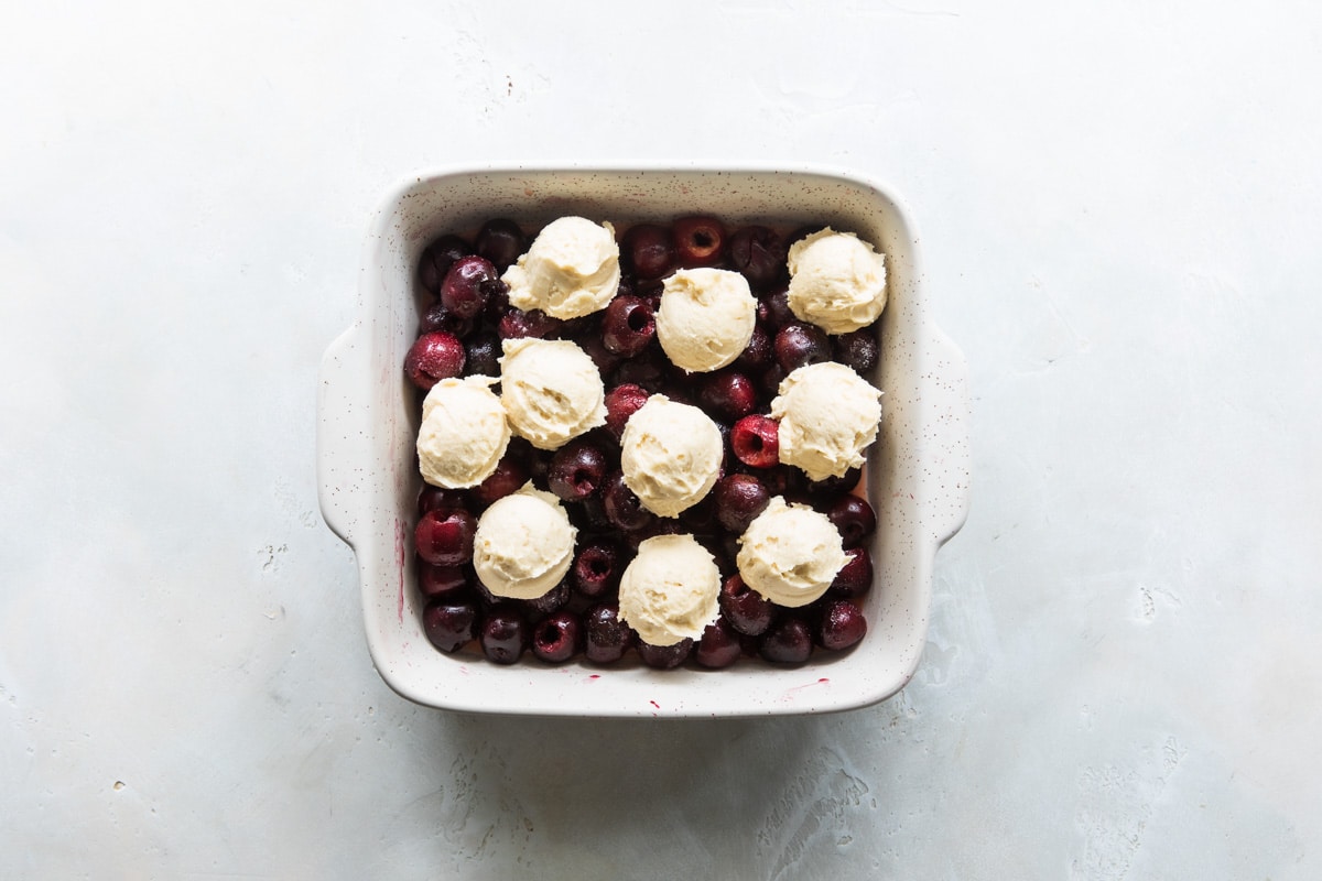 An unbaked cherry cobbler.