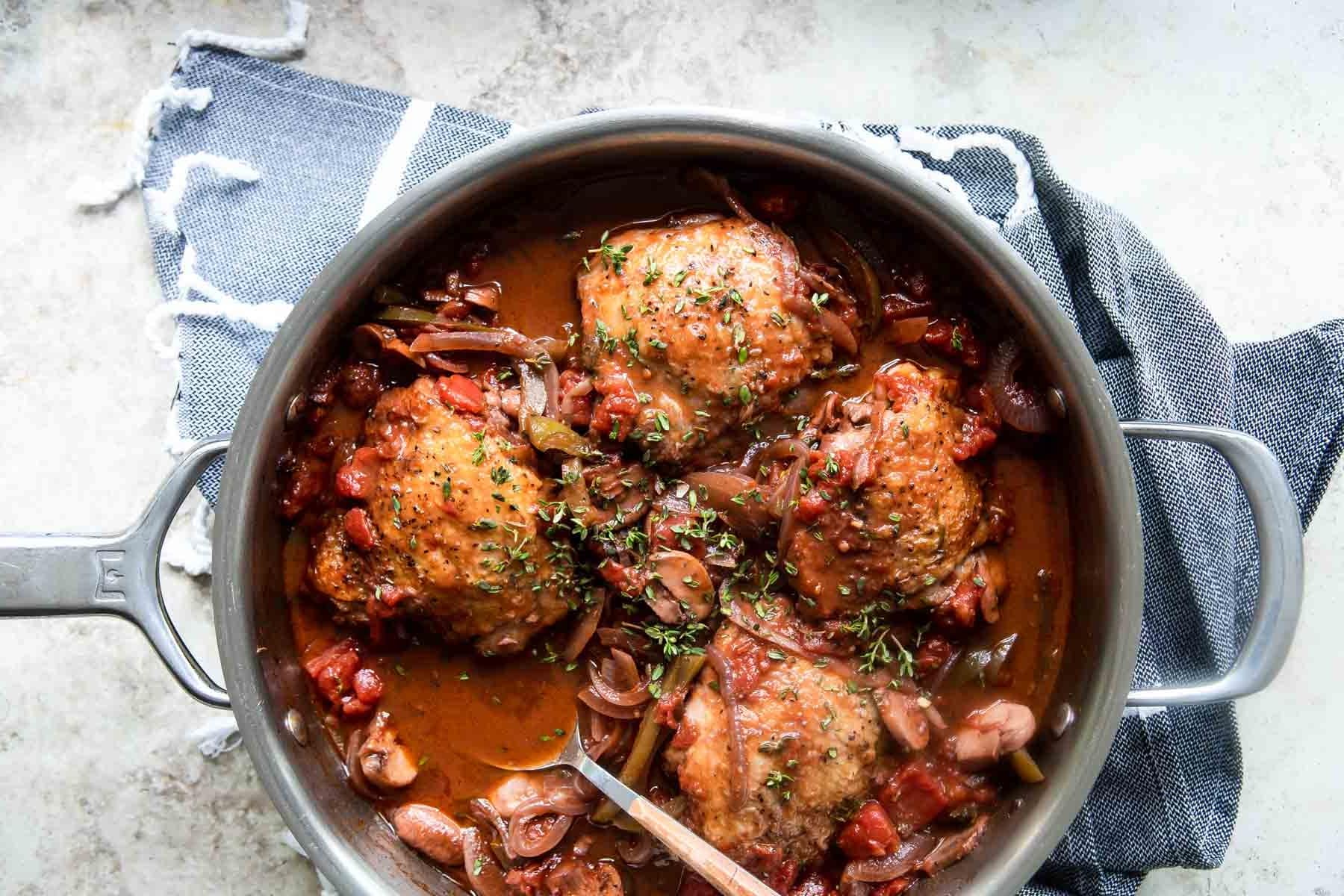 Chicken Cacciatore in a skillet before being served.