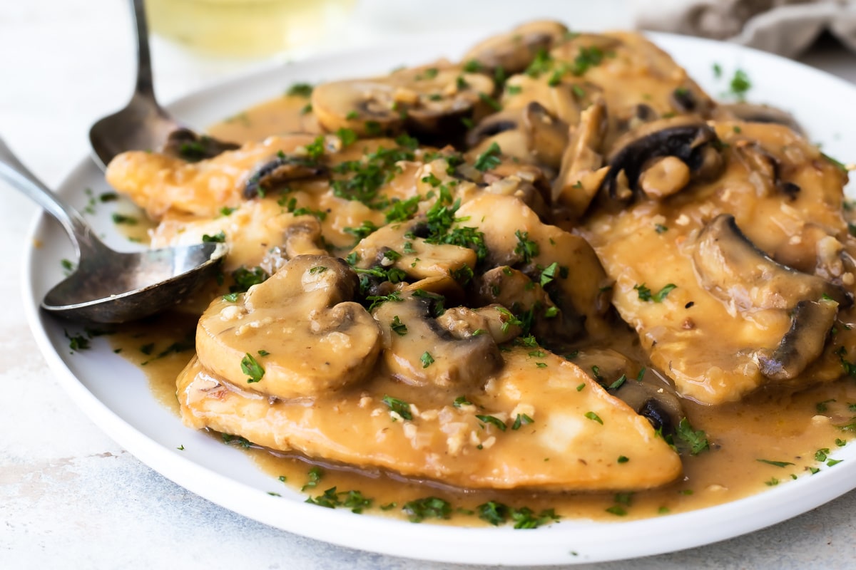 A platter of Chicken Marsala.