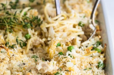 Chicken tetrazzini in a white baking dish.