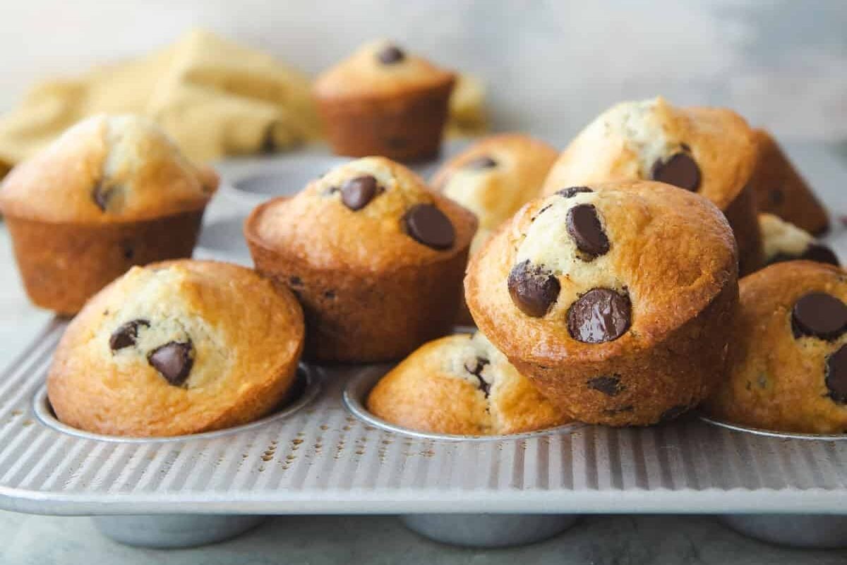A pan of chocolate chip muffins.