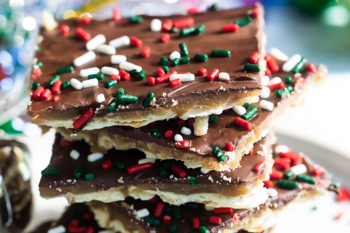 A stack of Christmas crack on a plate.
