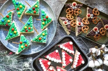 Christmas rice krispie treats on platters.