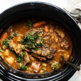 Pot roast in a slow cooker.