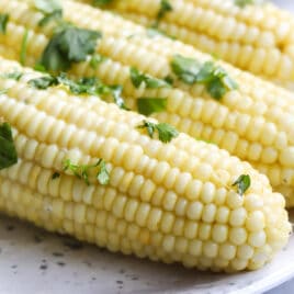 4 ears of corn on a white plate.