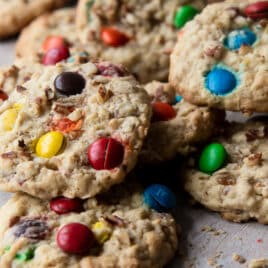 Cowboy cookies on a wooden platter.