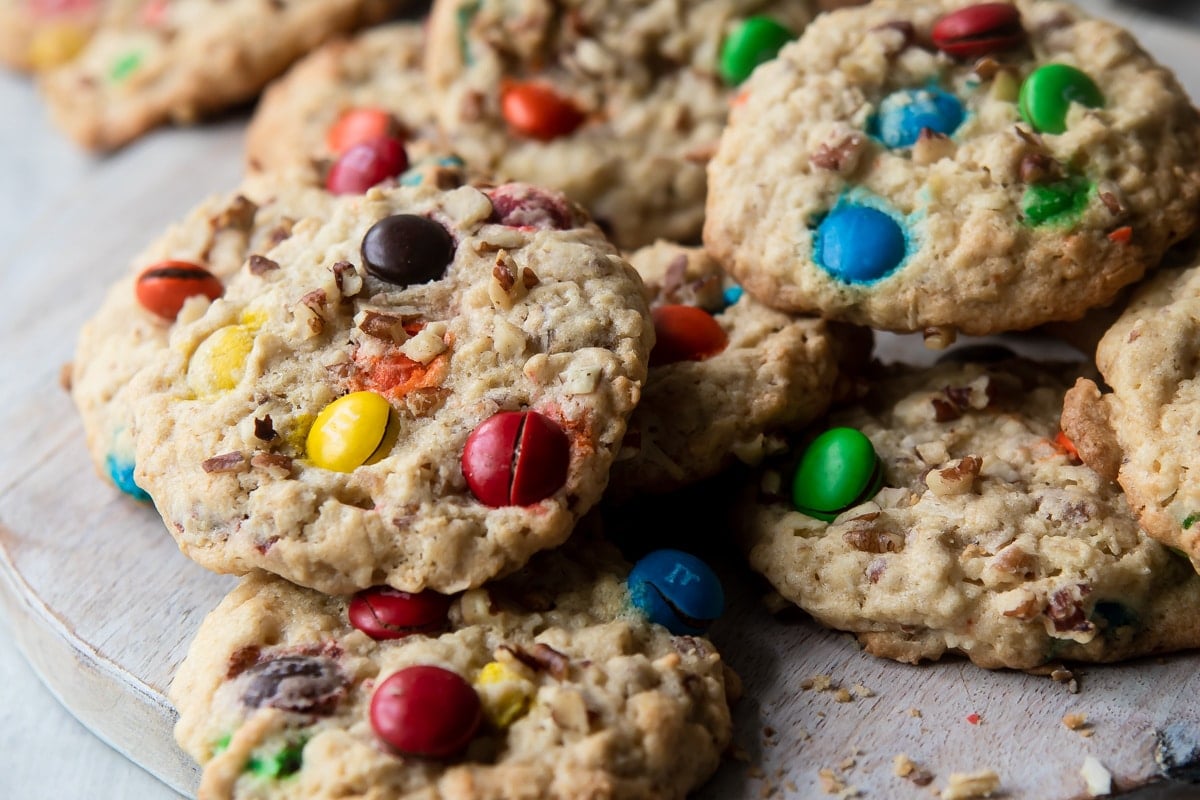 Cowboy cookies on a wooden platter.