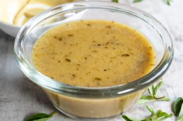 Dijon Vinaigrette in a clear glass dish.