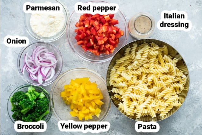Labeled ingredients for easy cold pasta salad.