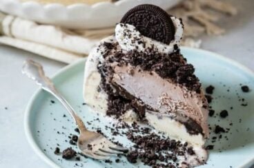 Easy ice cream cake on a white plate.