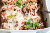 Eggplant parmesan in a white baking dish.