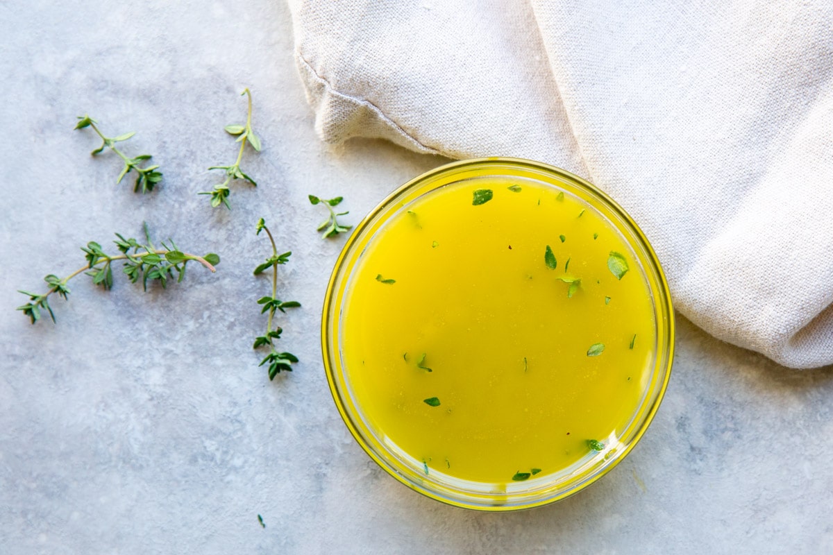 A bowl of Lemon Vinaigrette for Farro Salad.