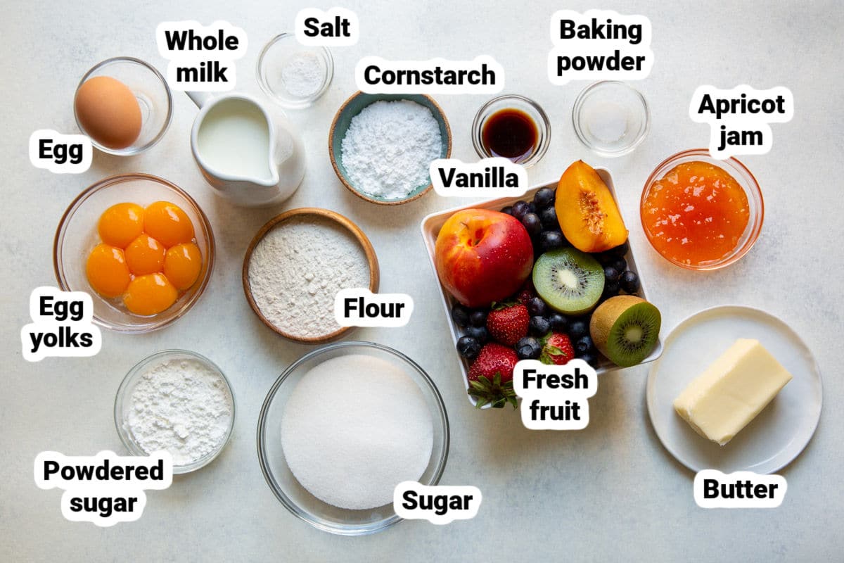 Labeled fresh fruit tart ingredients.