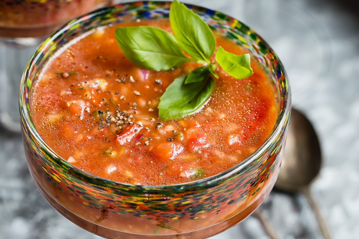 Gazpacho in a stemmed glass.