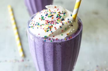 A Grimace shake on a countertop.