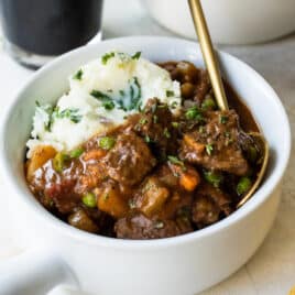 Guinness Stew in a small white bowl.
