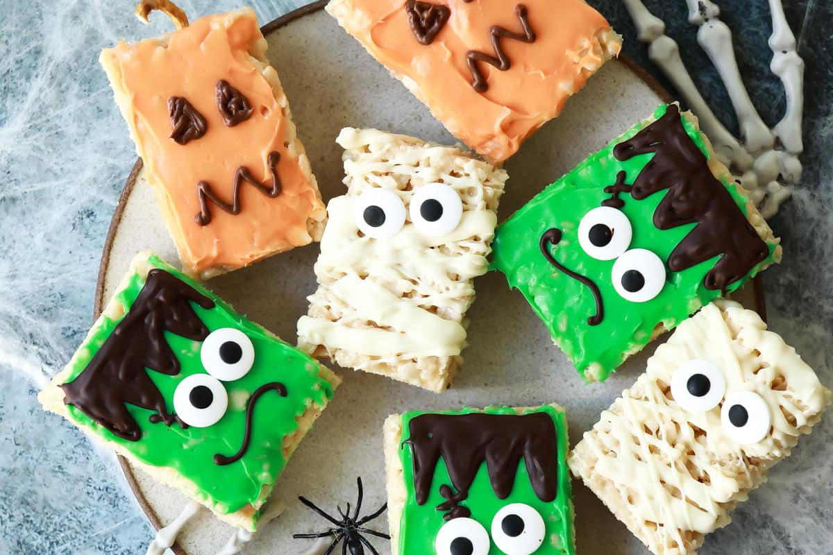 A platter of assorted Halloween rice krispie treats.