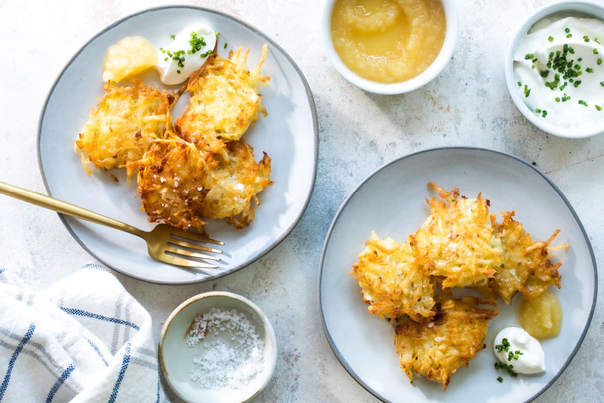 Plates of potato latkes for Hanukkah.