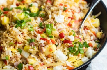 A skillet full of Hawaiian fried rice.