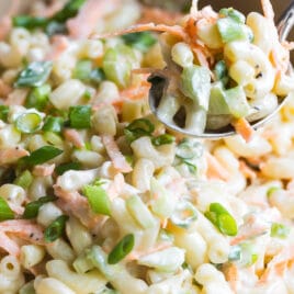 Hawaiian macaroni salad in a blue serving dish.