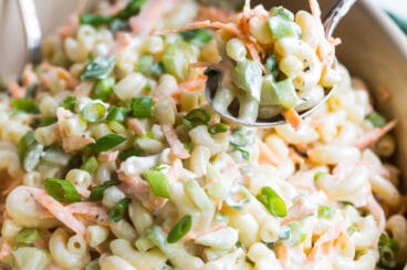 Hawaiian macaroni salad in a blue serving dish.