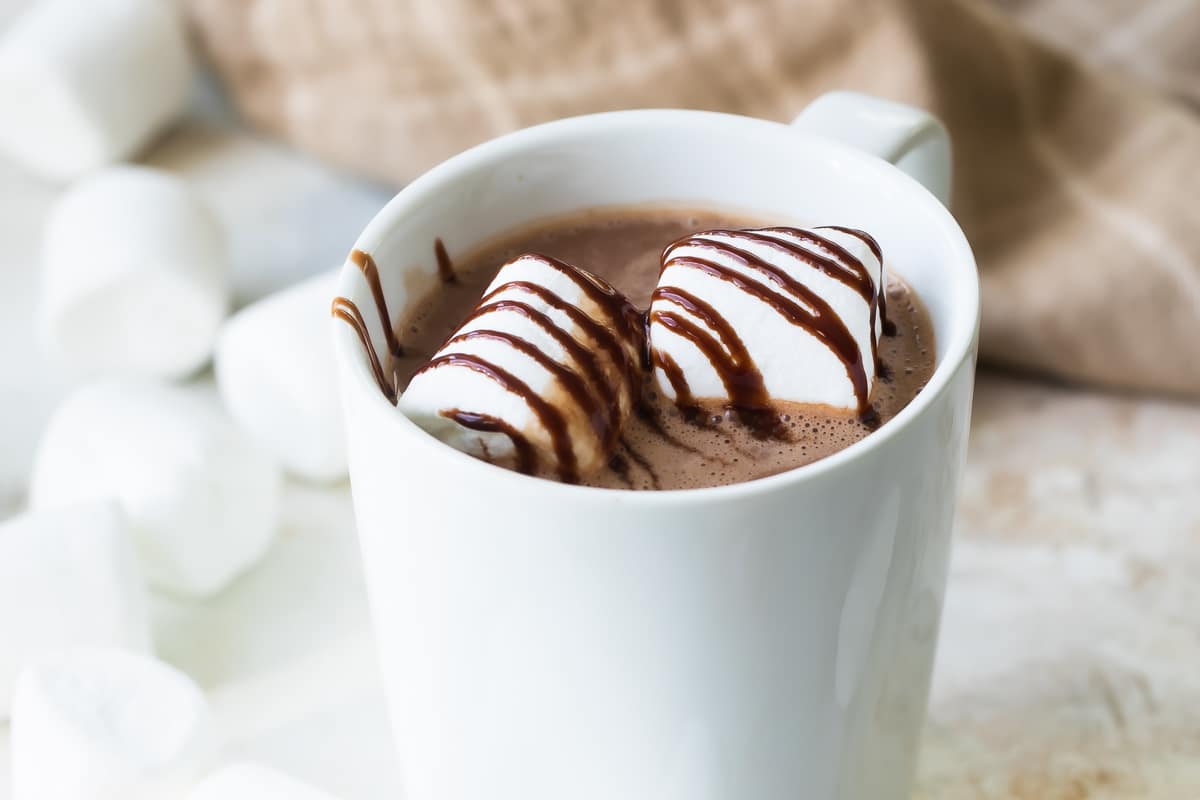 Hot chocolate in a latte mug.