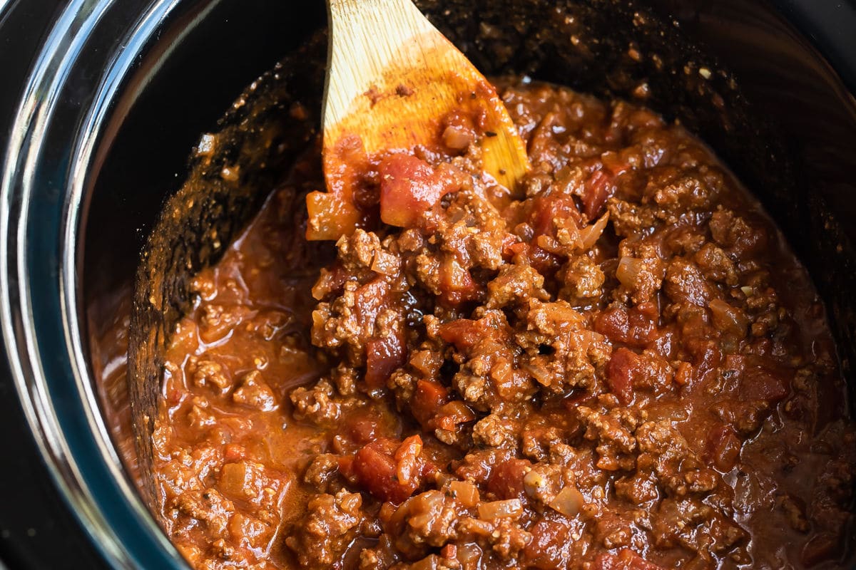 Hot dog chili in a crock pot.
