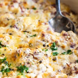 Hot reuben dip in a serving bowl.