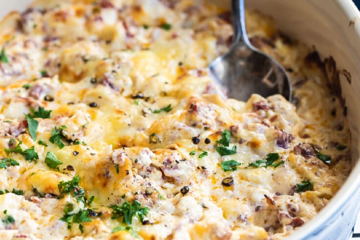 Hot reuben dip in a serving bowl.