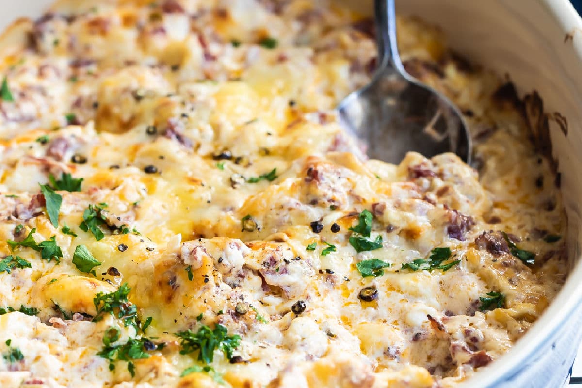 Hot reuben dip in a serving bowl.