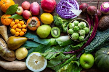 An arrangement of colorful produce that is seasonally available in January.