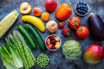 Fresh fruits and vegetables, in season for June.