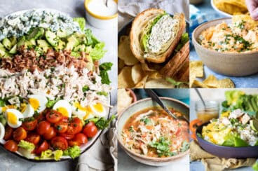 An image collage showing 5 different recipes for leftover chicken.