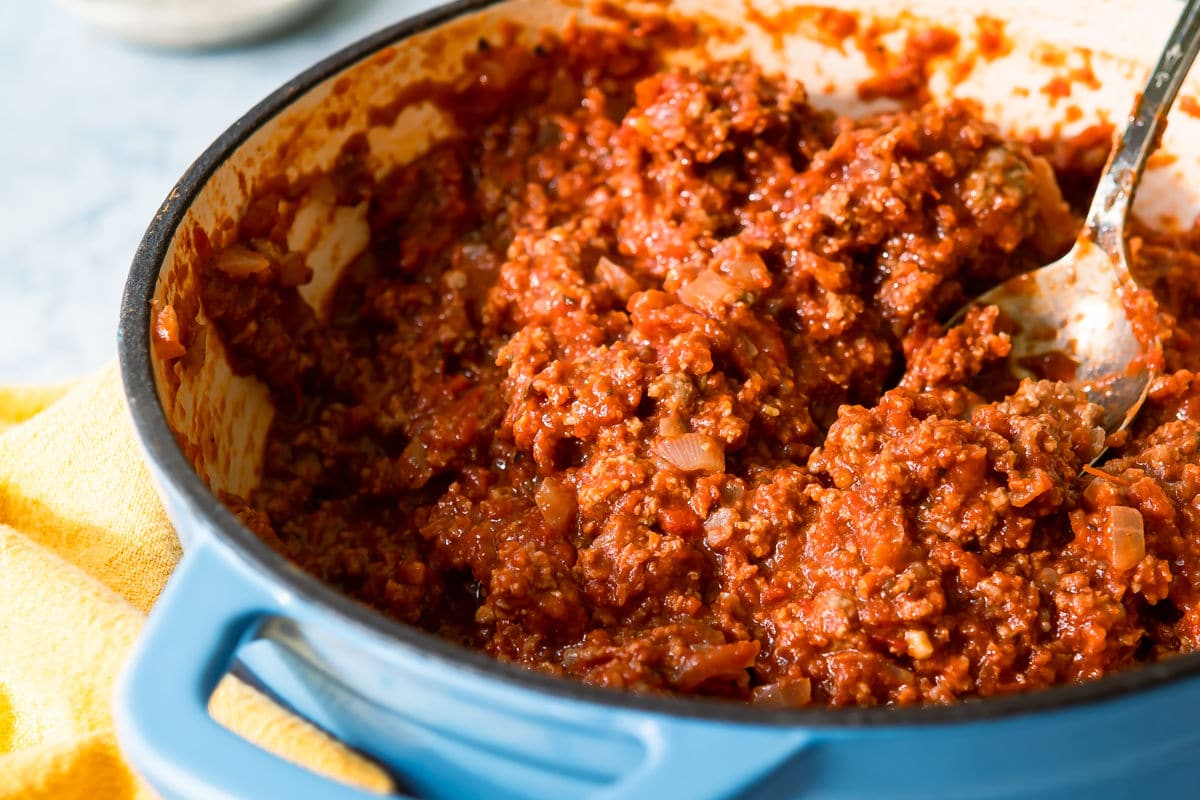 A pot of homemade meat sauce.