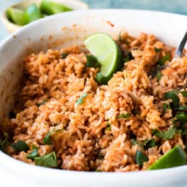 Mexican Rice in a white casserole dish.