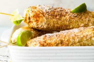 Ears of Mexican Street Corn in a dish.