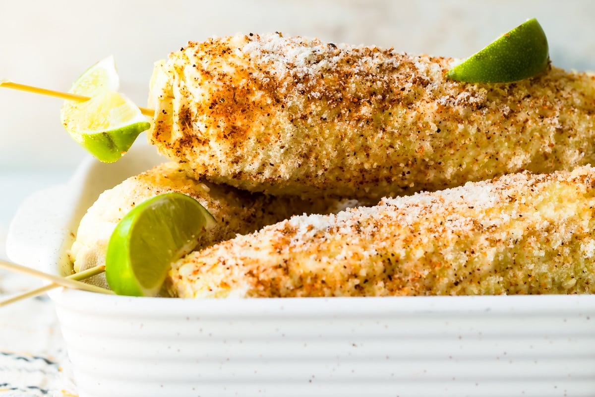 Ears of Mexican Street Corn in a dish.