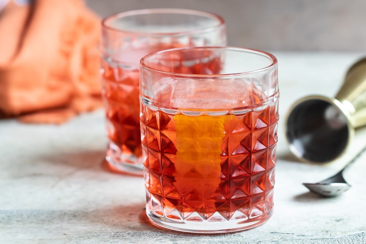 A negroni cocktail in a rocks glass.